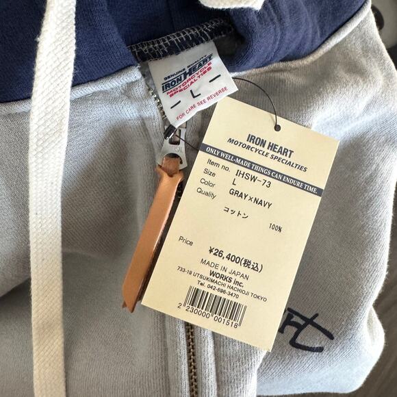 Iron Heart Ultra Heavyweight Loopwheel Grey Navy Zip-Up Hoodie L NEW 14oz Jacket - Picture 5 of 8